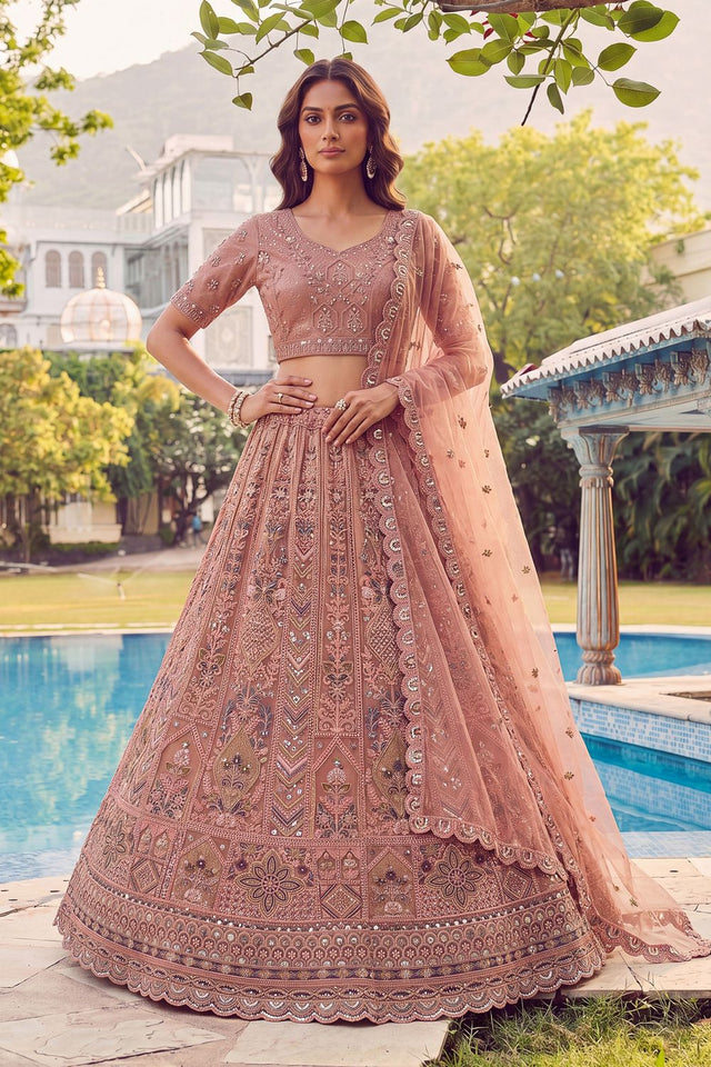 Peach Sequin with Embroidered Net Lehenga (ACA7781)