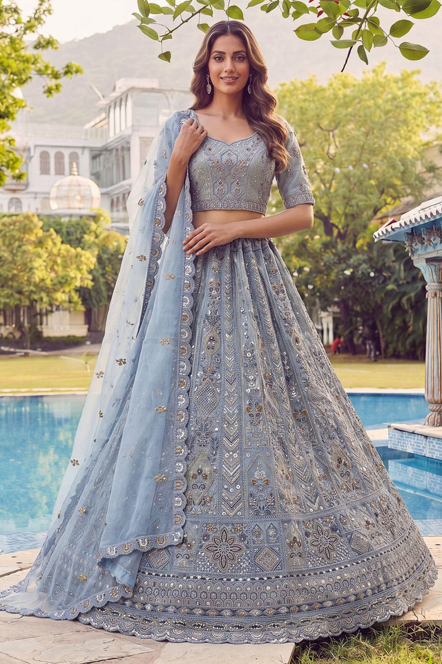 Blue Sequin with Embroidered Net Lehenga (ACA7782)