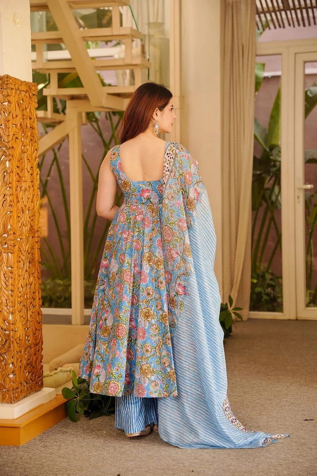 Grey Floral Printed Muslin Kurti Pant Set (ACA7788)