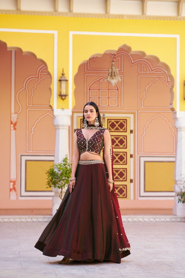 Brown Embroidered Silk Lehenga (ACA7789)