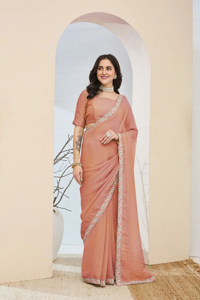 Peach Solid With Embroidered Border Silk Blend Ready to Wear Saree (ACA7802)