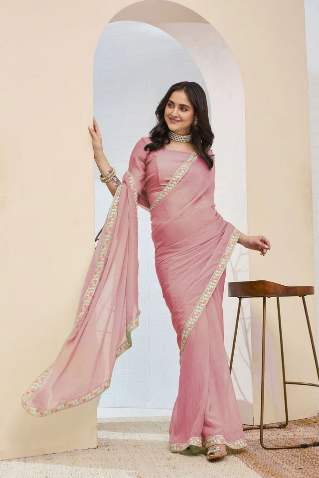 Pink Solid With Embroidered Border Silk Blend Ready to Wear Saree (ACA7804)