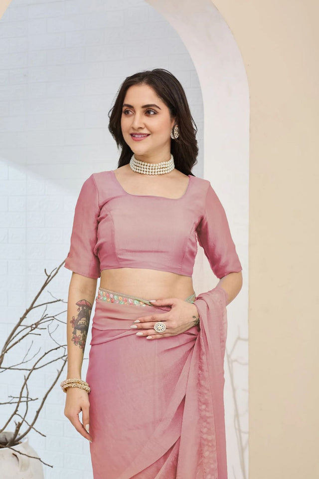Pink Solid With Embroidered Border Silk Blend Ready to Wear Saree (ACA7804)
