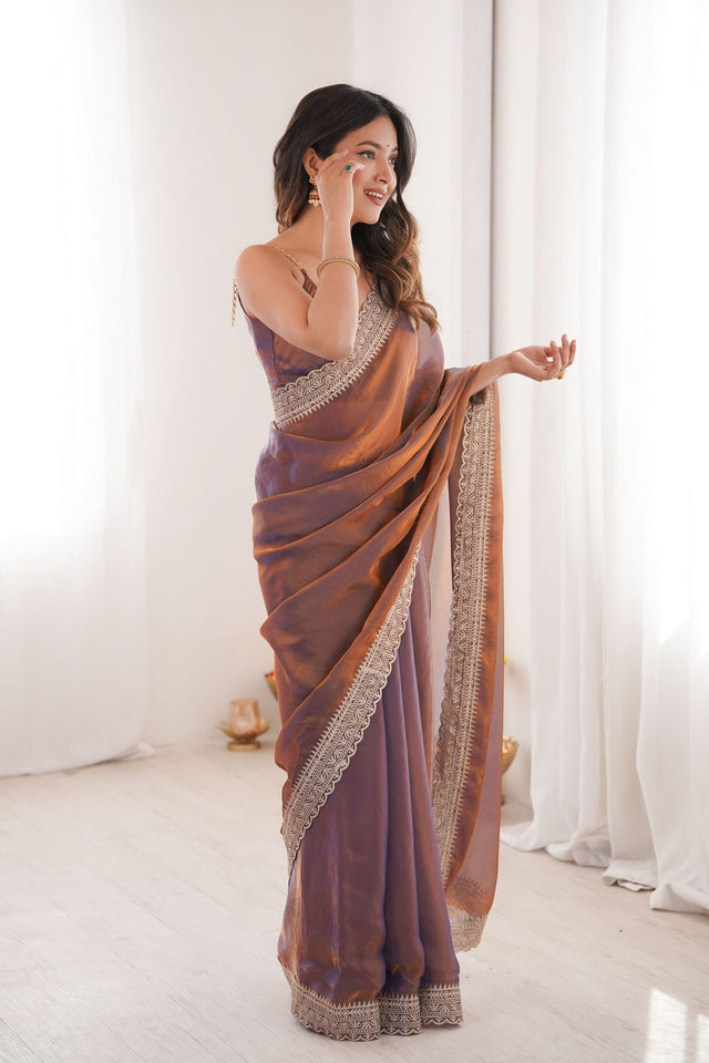 Lavender Solid With Embroidered Border Satin Saree (ACA7828)