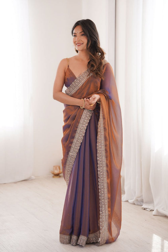 Lavender Solid With Embroidered Border Satin Saree (ACA7828)