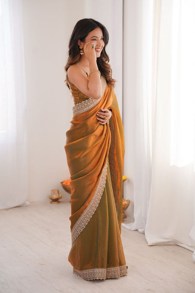 Orange Solid With Embroidered Border Satin Saree (ACA7830)