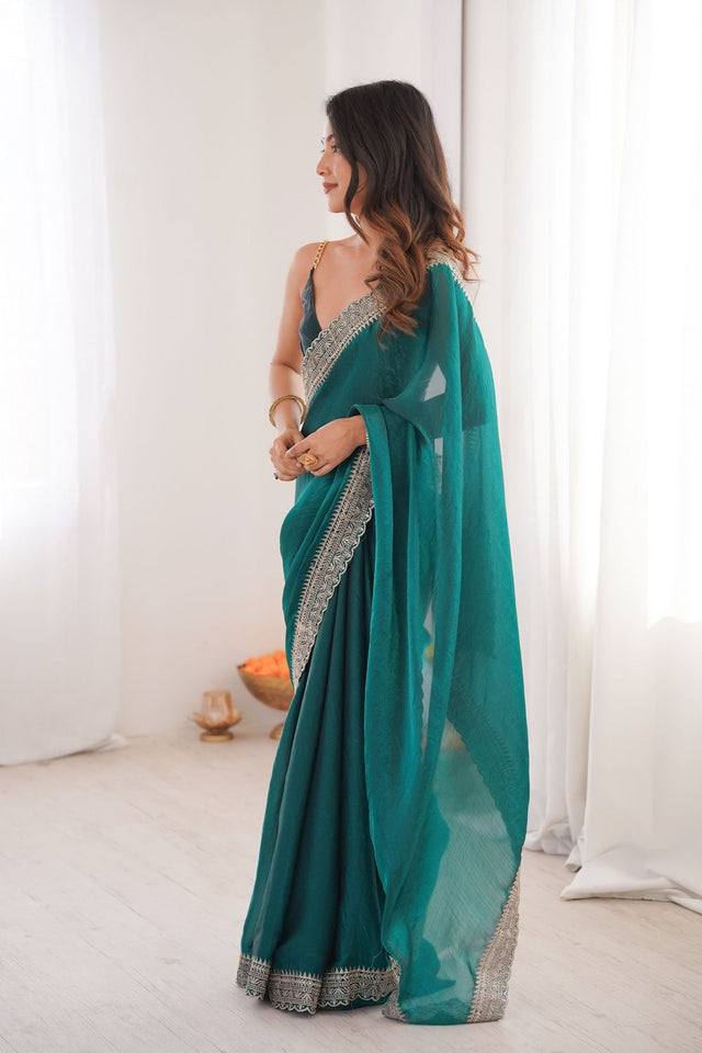 Sea Green Solid With Embroidered Border Satin Saree (ACA7831)