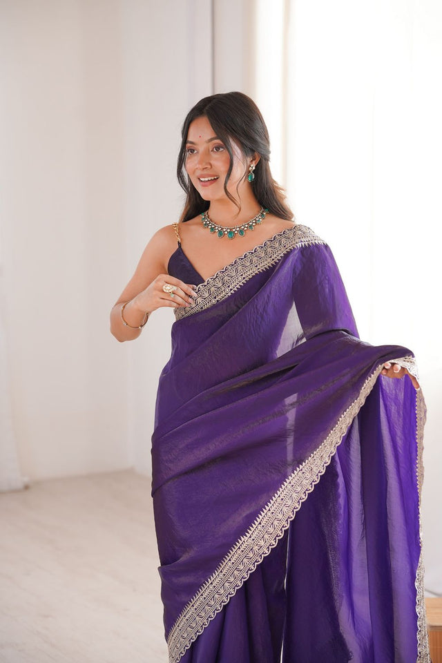 Violet Solid With Embroidered Border Satin Saree (ACA7832)