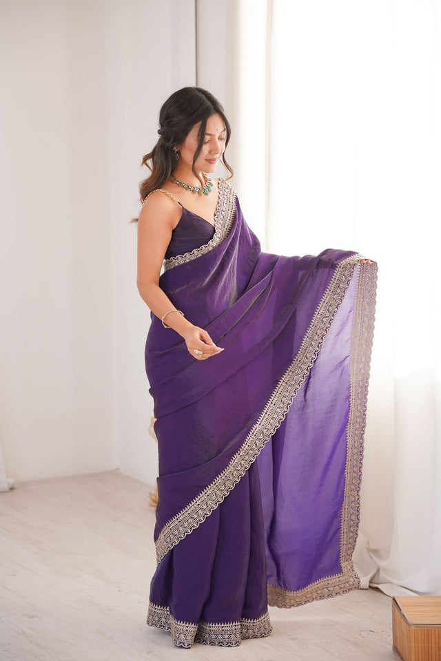 Violet Solid With Embroidered Border Satin Saree (ACA7832)