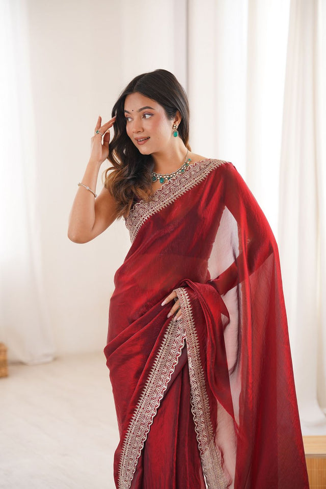 Maroon Solid With Embroidered Border Satin Saree (ACA7833)