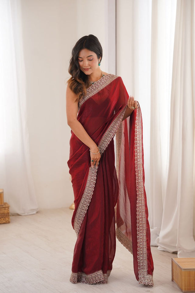Maroon Solid With Embroidered Border Satin Saree (ACA7833)