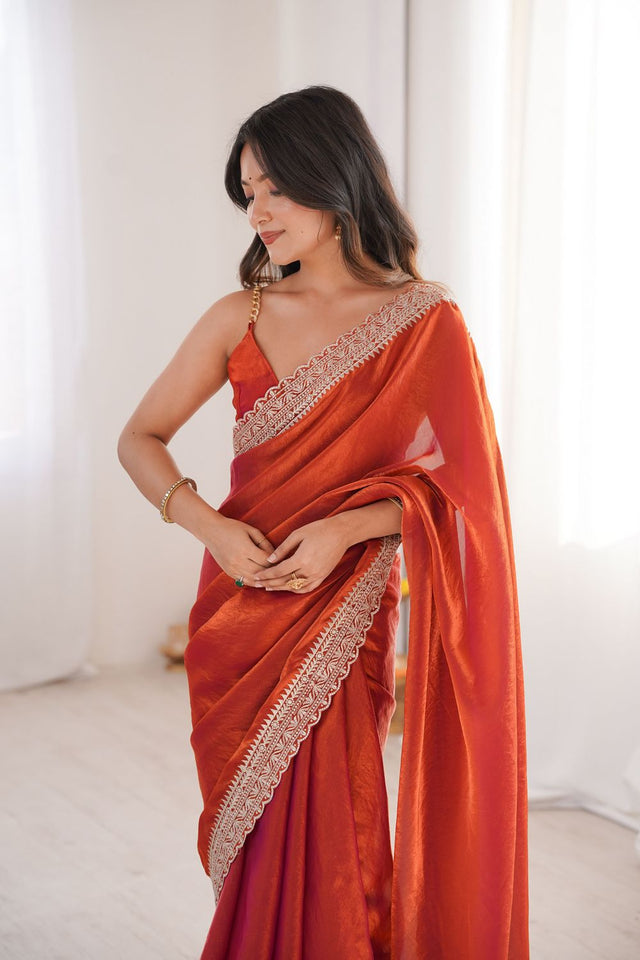 Rust Solid With Embroidered Border Satin Saree (ACA7834)