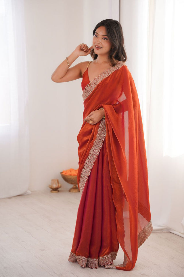 Rust Solid With Embroidered Border Satin Saree (ACA7834)