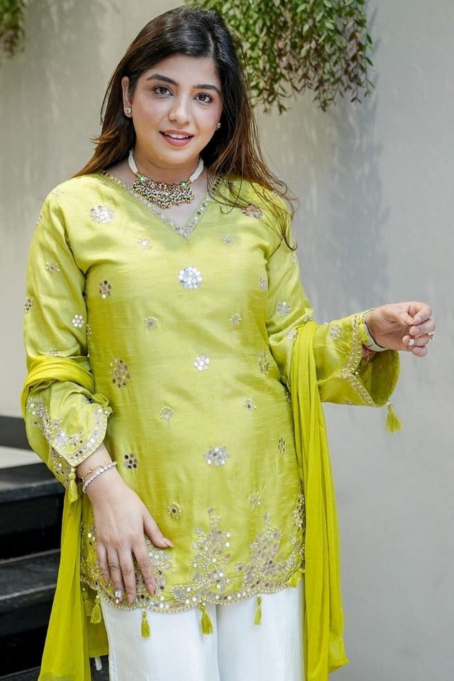 Yellow Mirror Sequin Silk Kurti Pant Set (ACA7839)