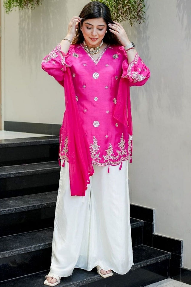Pink Mirror Sequin Silk Kurti Pant Set (ACA7840)