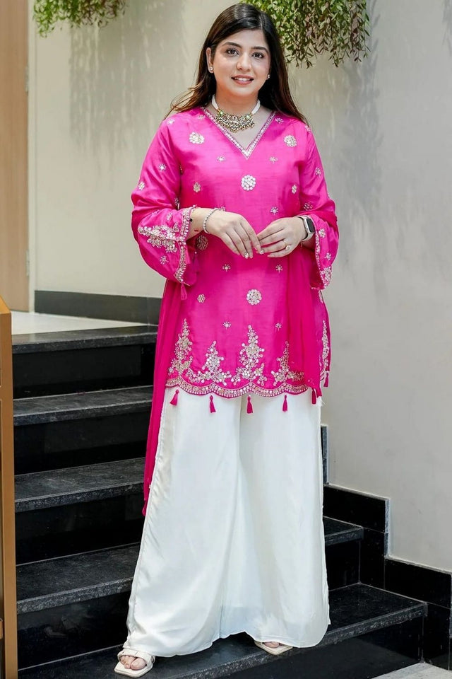 Pink Mirror Sequin Silk Kurti Pant Set (ACA7840)