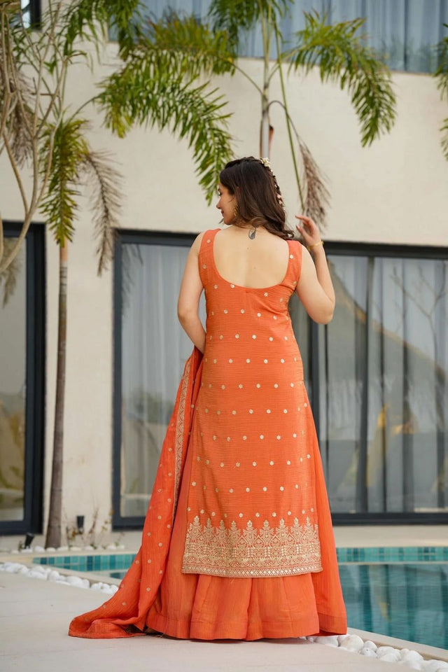 Orange Embroidered Chinon Palazzo Suit (ACA7841)