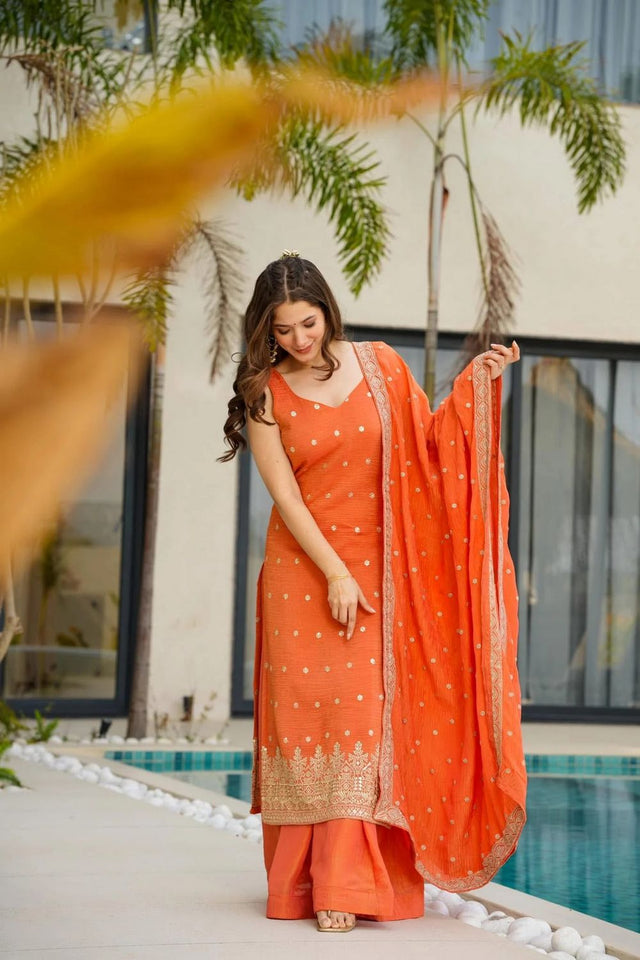 Orange Embroidered Chinon Palazzo Suit (ACA7841)