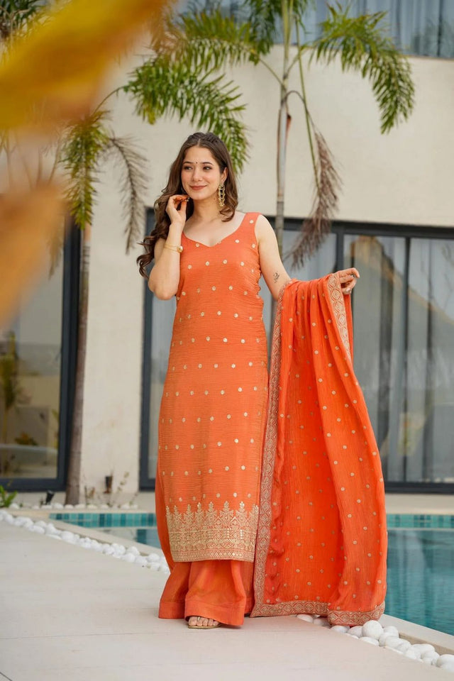 Orange Embroidered Chinon Palazzo Suit (ACA7841)