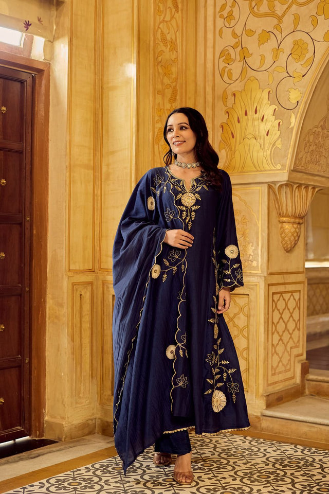Blue Floral Embroidered Chanderi Anarkali Suit (ACA7842)