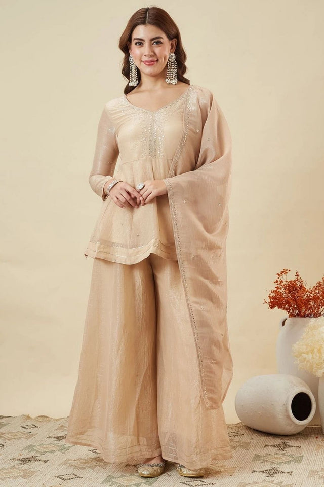 Cream Sequin with Floral Embroidered Silk Palazzo Suit (ACA7844)
