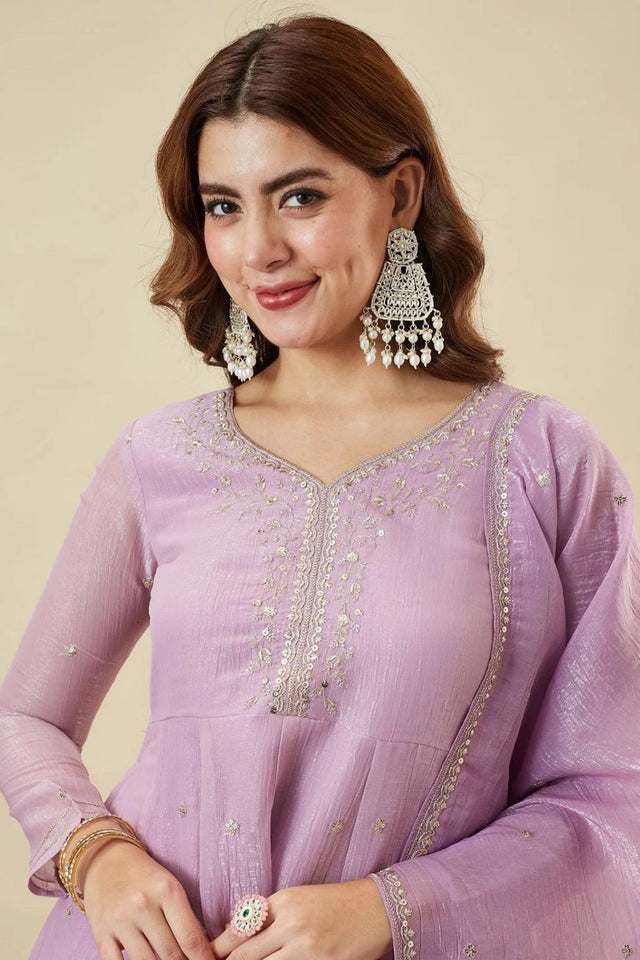 Lavender Sequin with Floral Embroidered Silk Palazzo Suit (ACA7845)
