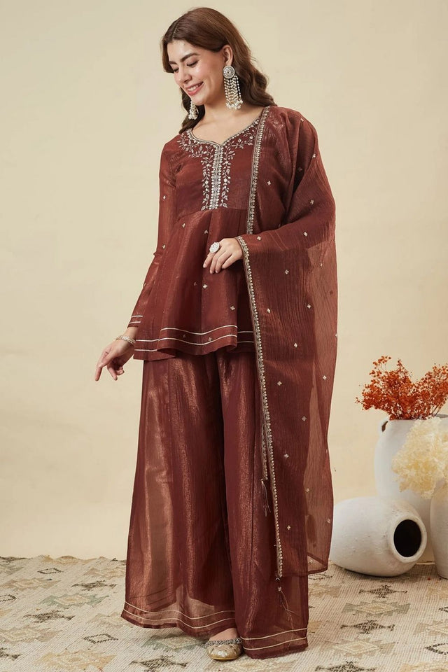 Maroon Embroidered Silk Palazzo Suit (ACA7846)