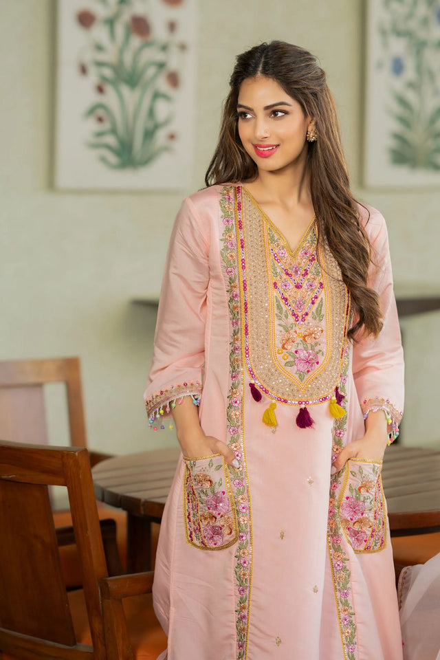 Peach Sequin with Embroidered Chanderi Kurti Pant Set (ACA7847)