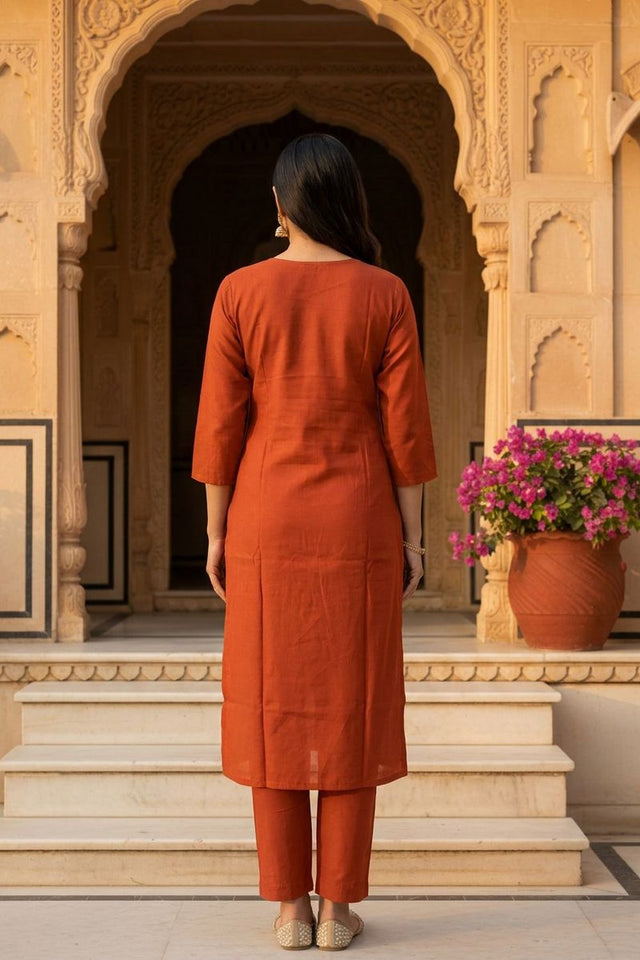 Rust Floral Embroidered Silk Kurti Pant Set (ACA7850)