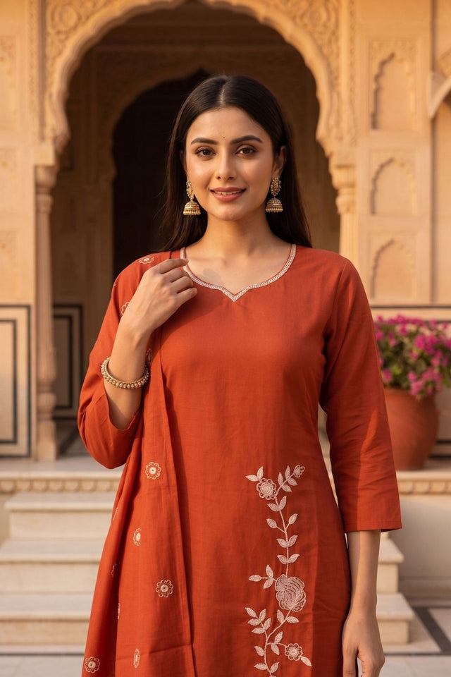 Rust Floral Embroidered Silk Kurti Pant Set (ACA7850)