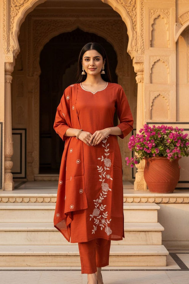 Rust Floral Embroidered Silk Kurti Pant Set (ACA7850)
