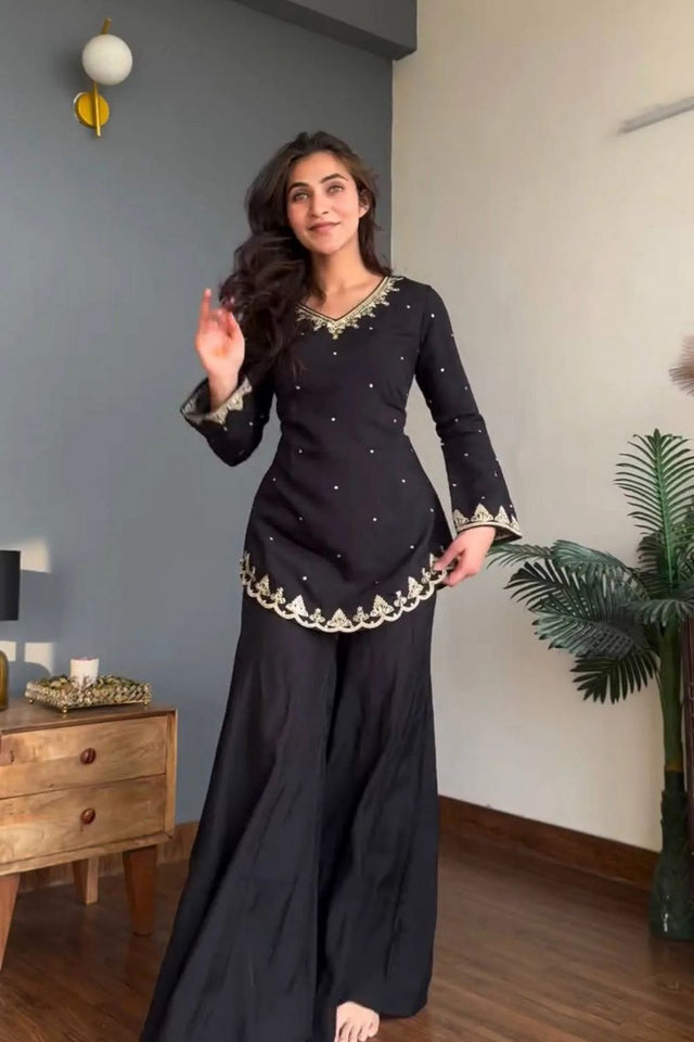 Black Floral Embroidered Silk Kurti Pant Set (ACA7851)