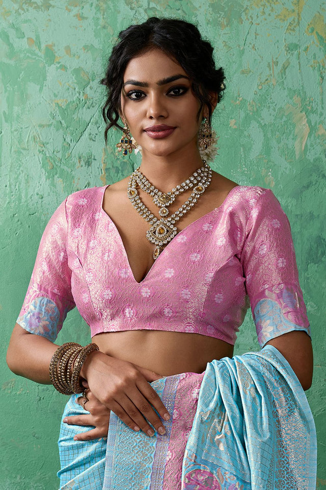 Blue Woven Pink Saree (ACA7855)