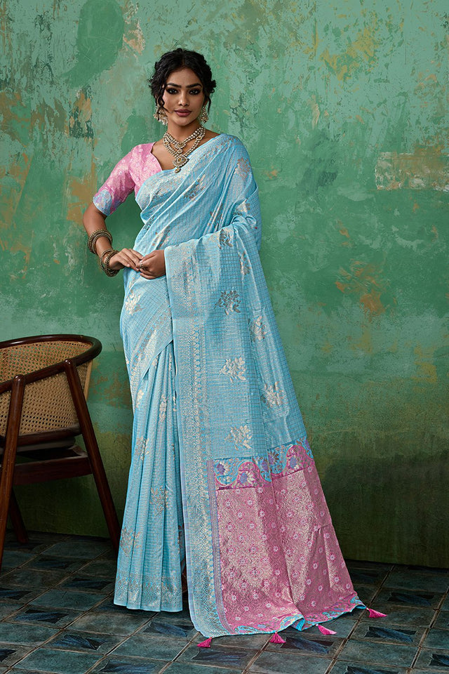 Blue Woven Pink Saree (ACA7855)