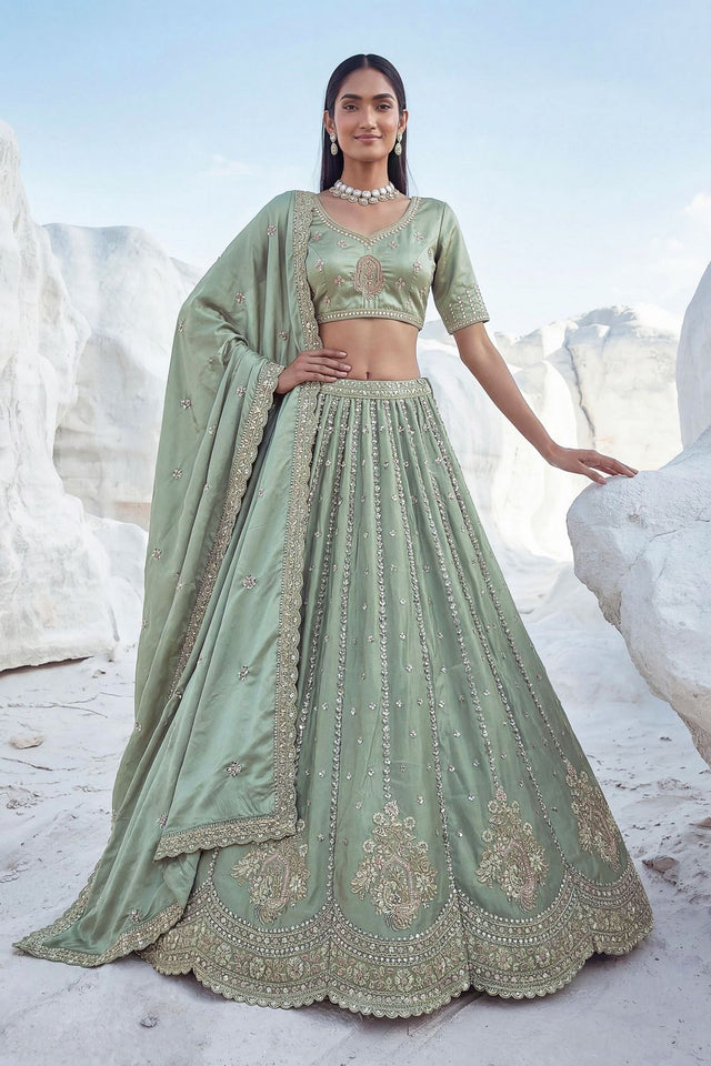 Green Embroidered Silk Lehenga (ACA7860)