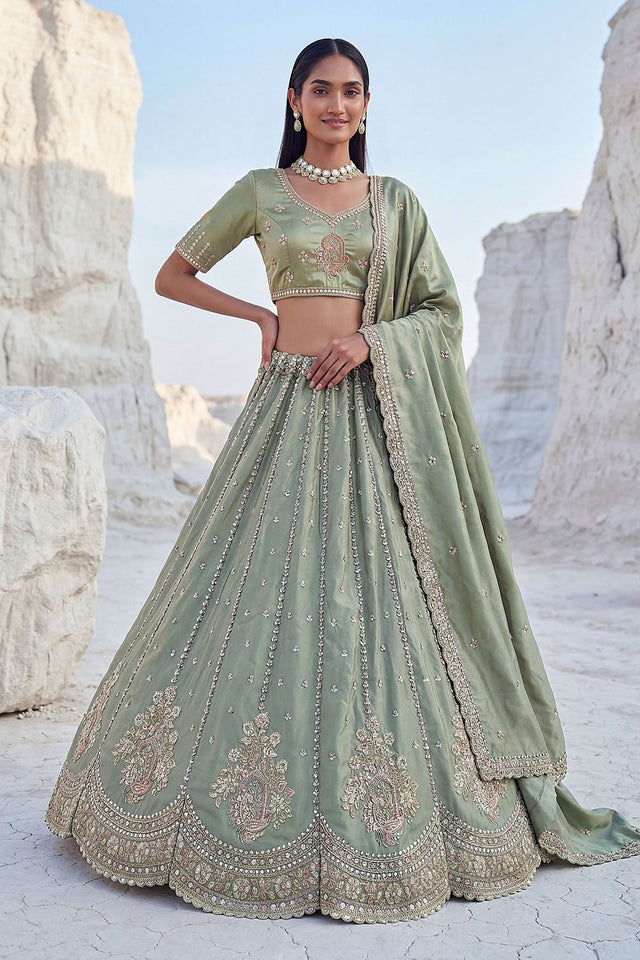Green Embroidered Silk Lehenga (ACA7860)