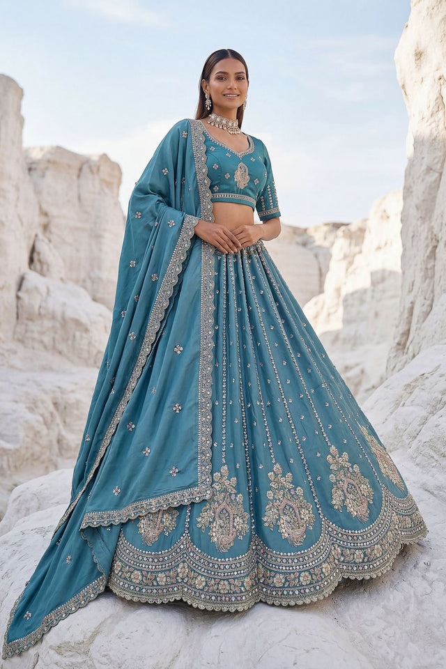 Blue Embroidered Silk Lehenga (ACA7861)