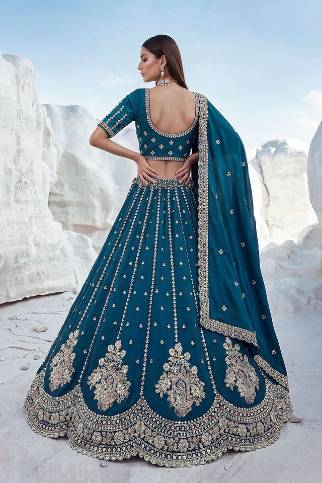 Turquoise Embroidered Silk Lehenga (ACA7864)