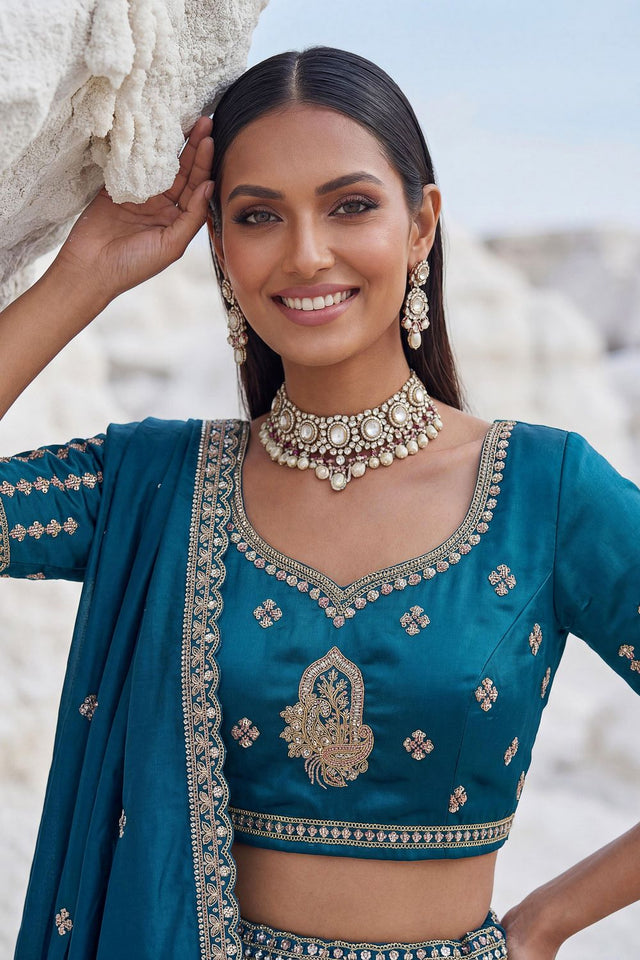 Turquoise Embroidered Silk Lehenga (ACA7864)