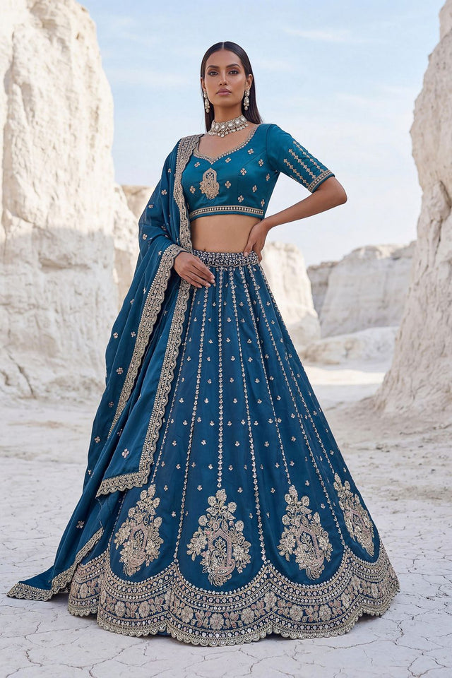 Turquoise Embroidered Silk Lehenga (ACA7864)