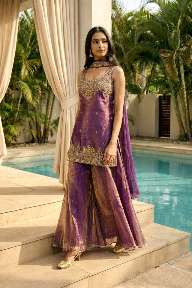 Violet Sequin with Embroidered Satin Kurti Pant Set (ACA7874)