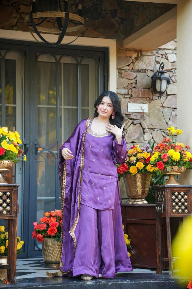 Lavender Embroidered Silk Palazzo Suit (ACA7875)
