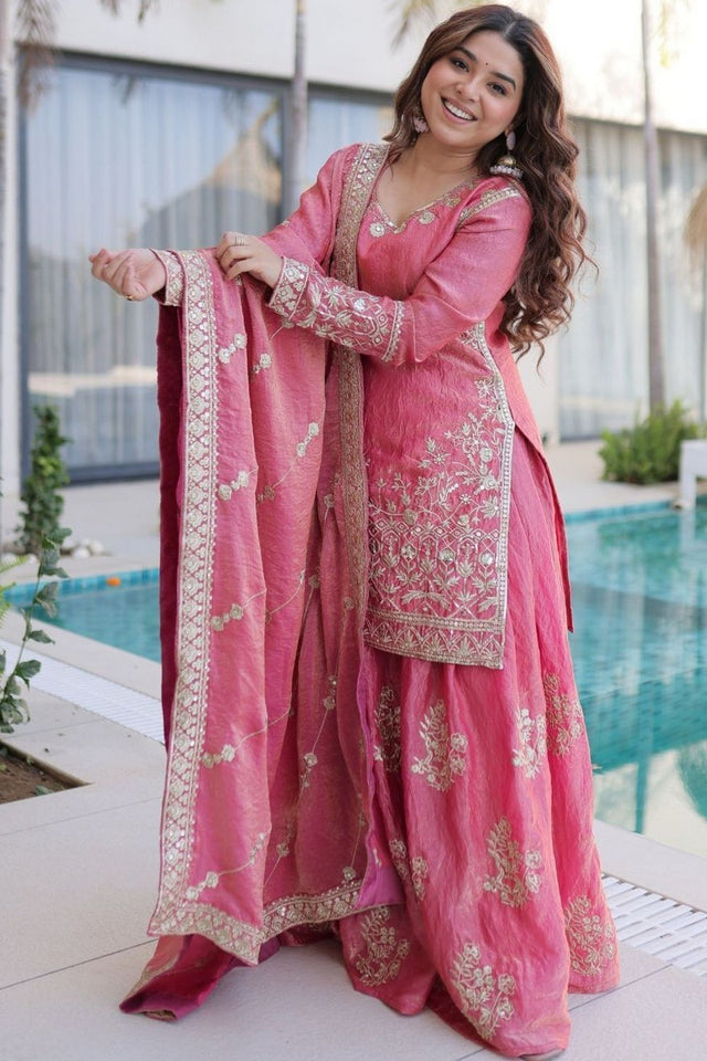 Pink Floral Embroidered Silk Sharara Suit (ACA7877)