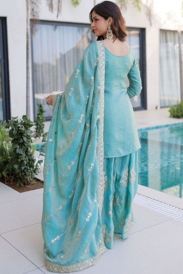 Blue Floral Embroidered Silk Sharara Suit (ACA7878)