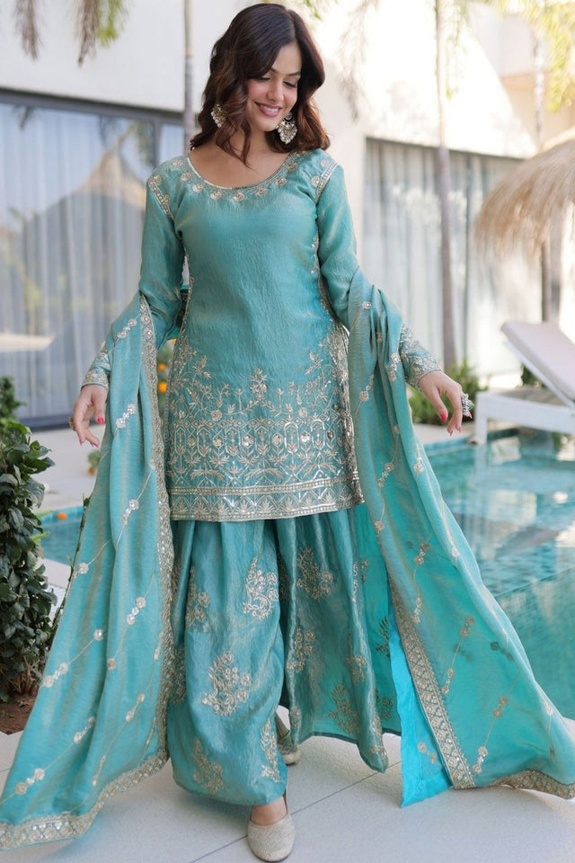 Blue Floral Embroidered Silk Sharara Suit (ACA7878)