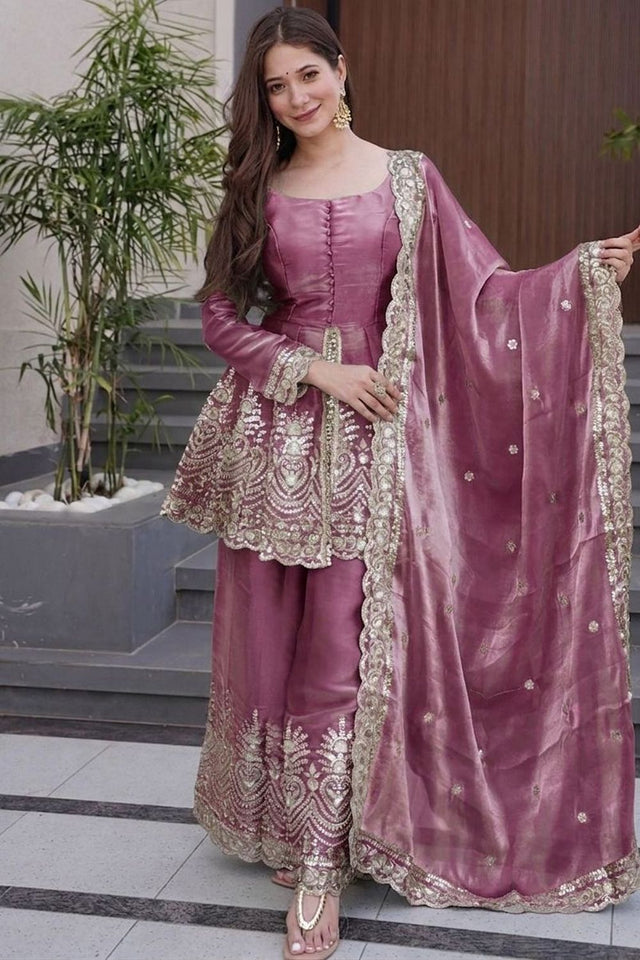 Pink Embroidered Silk Palazzo Suit (ACA7881)