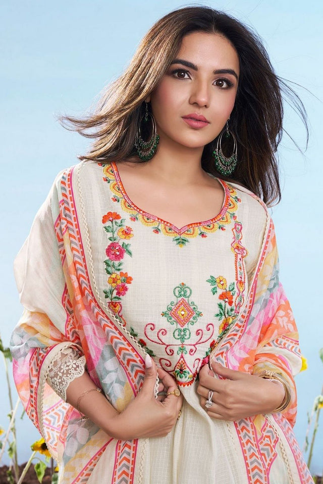 Cream Embroidered Cotton Anarkali Suit (ACA7882)