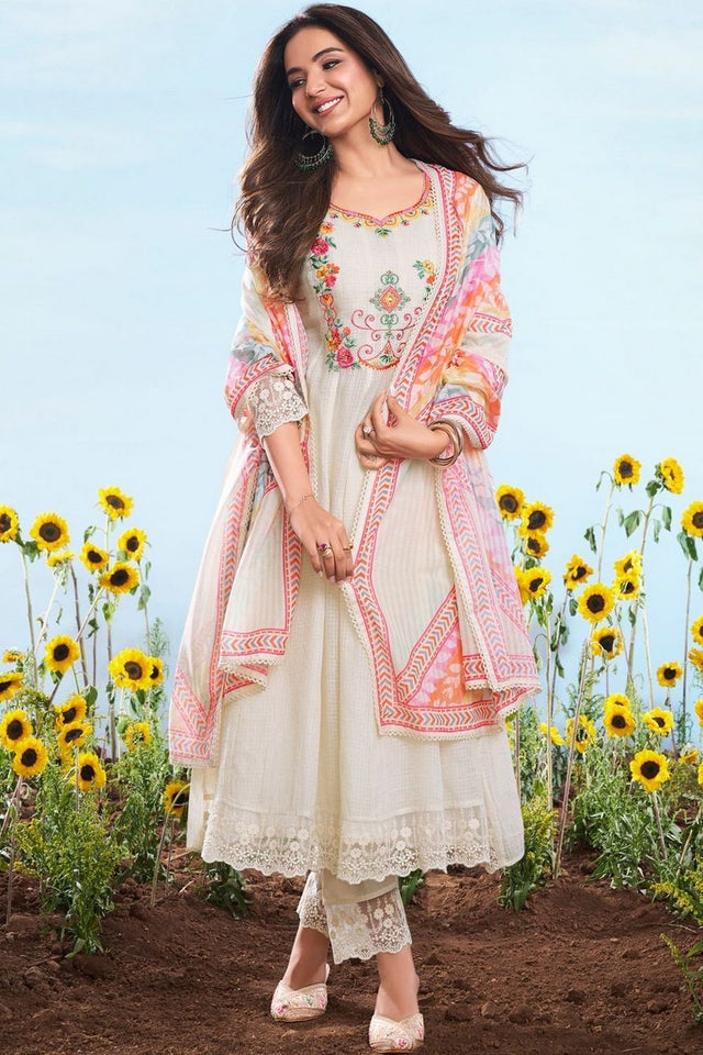 Cream Embroidered Cotton Anarkali Suit (ACA7882)