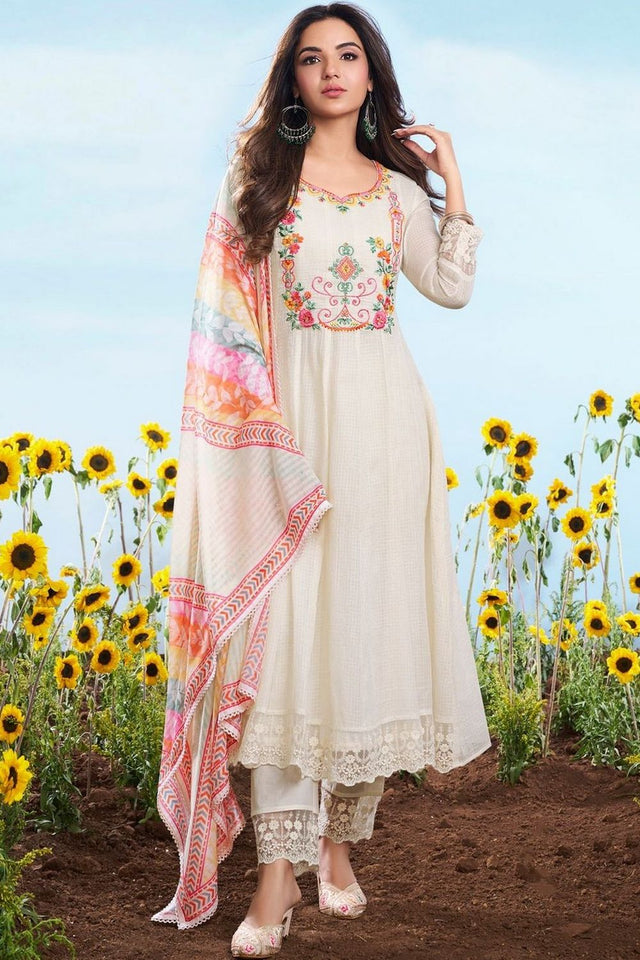 Cream Embroidered Cotton Anarkali Suit (ACA7882)