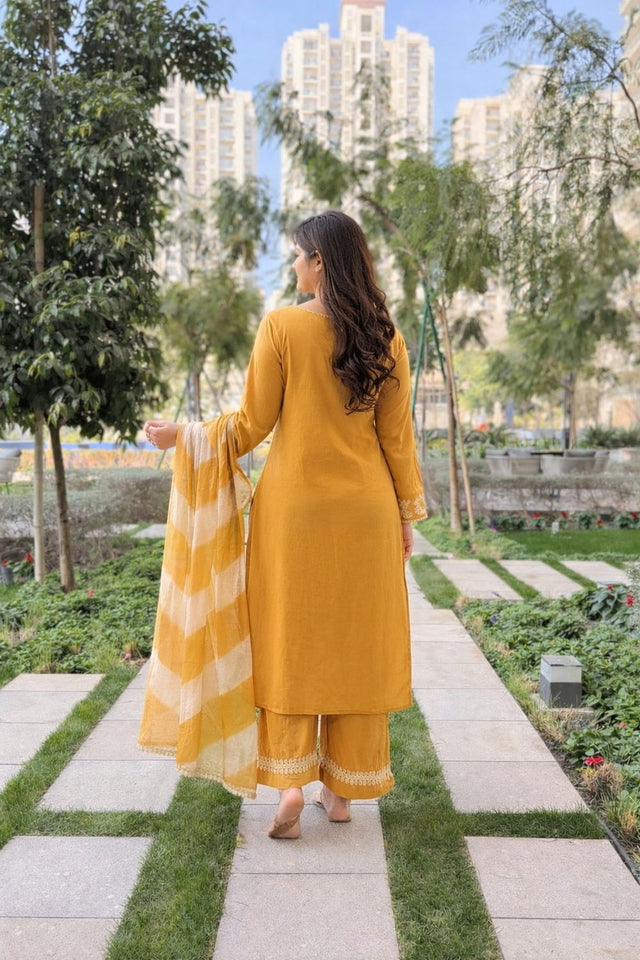 Mustard Embroidered Silk Palazzo Suit (ACA7883)